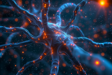 An Intricate Closeup of a Neuronal Network, with the Edited Gene Marked in Red - Illuminating its Vital Role in Regulating Brain Function, Showcasing the Intersection of Genetics and Neurology - obrazy, fototapety, plakaty