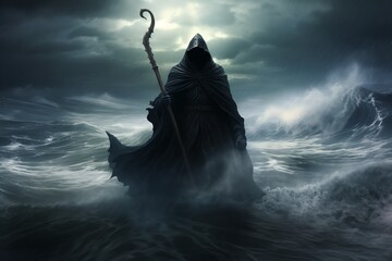 Grim Reaper's Midnight Haunting Journey - obrazy, fototapety, plakaty