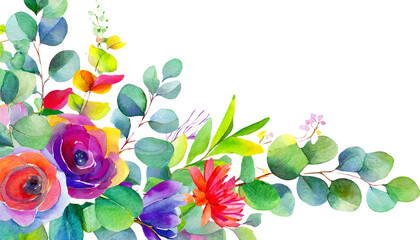 Watercolor eucalyptus illustration. Corner border. Greenery frame. Floral arrangement PNG