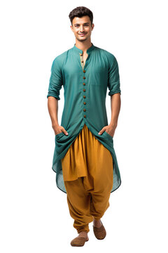 Full length view of Pakistani man wearing Pathani Suit Isolated on transparent background.