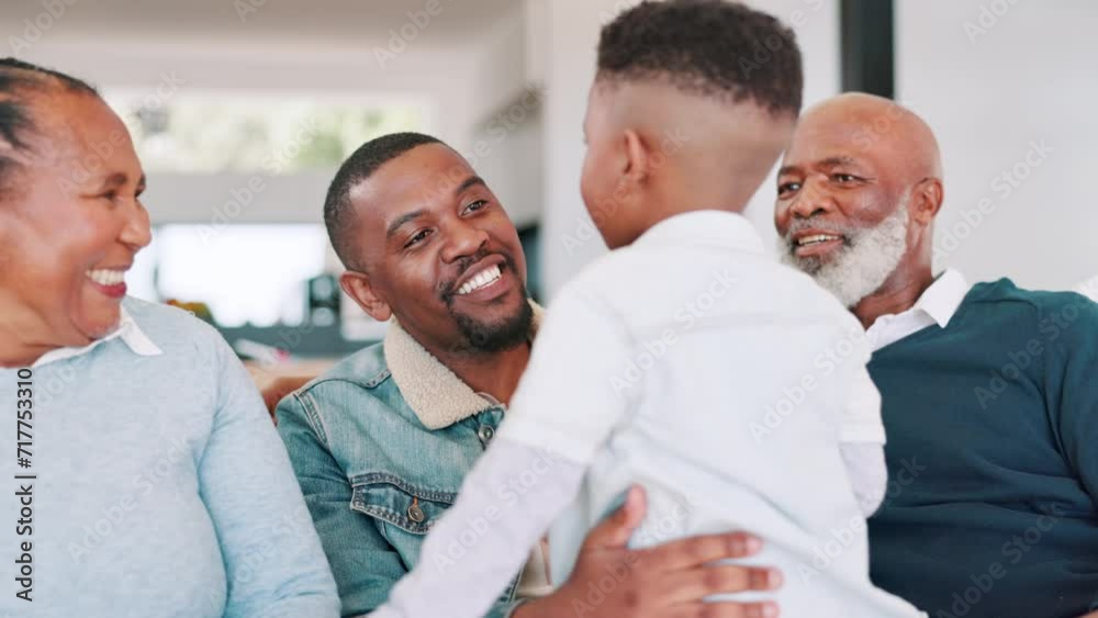 Poster Family, child and hug or laughing for funny conversation at home, communication and relaxing together. Black people, boy and bonding in living room, happiness and generational love or embracing