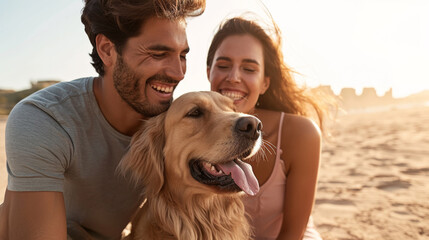 close-up selfie of a happy couple with a golden retriever dog