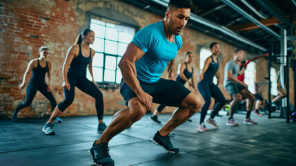 Fototapeta premium group of focused individuals engaged in a high-intensity workout, led by a man in the foreground in a dynamic lunging position