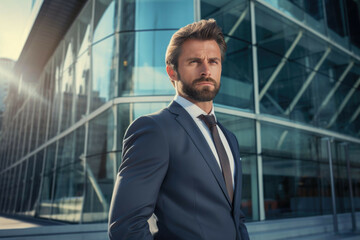 Businessman standing in front of modern office building with confident expression.