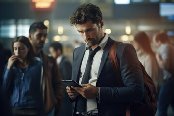 Naklejka na ściany i meble Businessman using smartphone in busy train station.