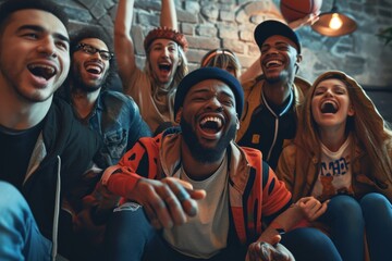 A group of friends in sports gear watching a March Madness basketball game, showing excitement and team spirit - obrazy, fototapety, plakaty