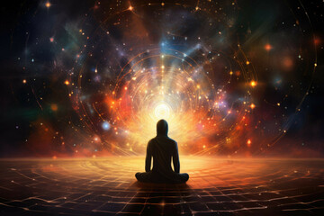 meditation with a person sitting in meditation in front of a background of stars and
