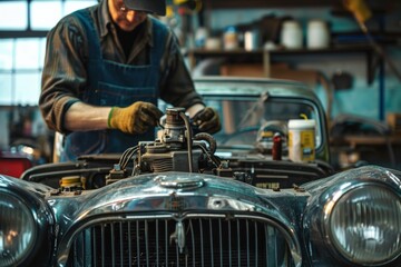A mechanic in a garage working on a vintage car, with a focus on hands and tools, conveying skill and craftsmanship