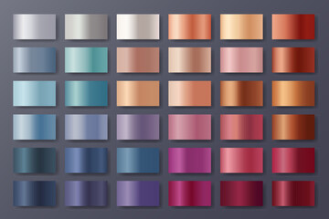 Colorful chrome metal gradients vector set. Silver, gold, bronze metallic gradients. Collection of chrome metal shiny color palette swatches for background, certificate, ribbon Vector color gradations