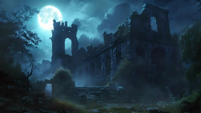 As dusk falls, the moon casts an otherworldly glow on the ruins, igniting the imagination of those who dare to venture inside. Fantasy animation