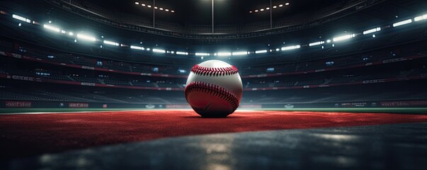 The focal point is a baseball in close-up, positioned at the heart of the stadium, poised for action.