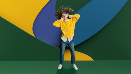 Youth culture in advertising for smart, casual clothing lines. Tech gadgets as part of modern...