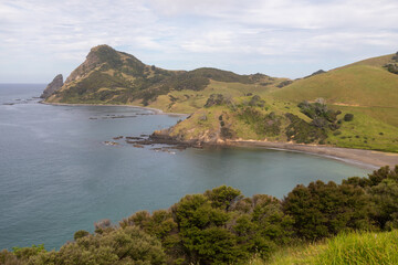 Rocky healand of Fletcher bay in the far north of Coromandel, Coromandel Peninsula, New Zealand.