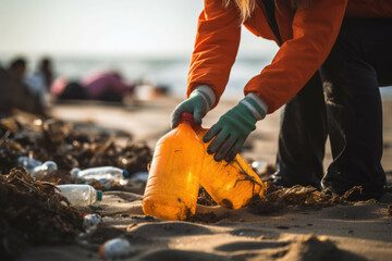 woman in orange gloves picking up plastic bottles on the beach - obrazy, fototapety, plakaty
