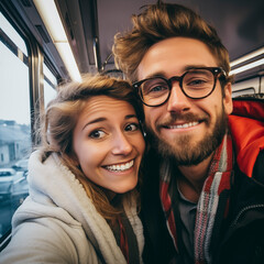 Happy train subway passenger young couple man and woman taking selfie picture smiling and enjoying travel trip. People traveling together. Road trip lifestyle. Cheerful urban concept transport
