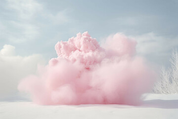 a pink cloud made of snow in the air on a white background