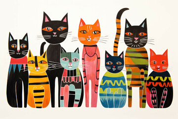 six cats are shown on a white background