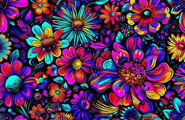 Fototapeta na wymiar Psychedelic and Colorful Floral Pattern in the