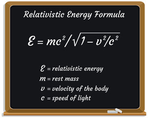 Relativistic Energy Formula on a black chalkboard. Education. Science. Formula. Vector illustration.