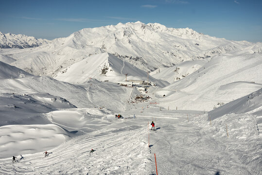 Snowy alps mountains in Europe.. French alps in winter, Les deux alpes Rhone Alpes in France Europe