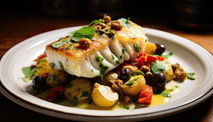 Roasted cod with potatoes green and red bell peppers