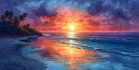 Sunset Serenade: A Painted Ocean Scene Generative AI