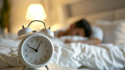 classic white alarm clock is on a bed with white linens, bathed in soft morning light with a blurred background suggesting a bedroom setting