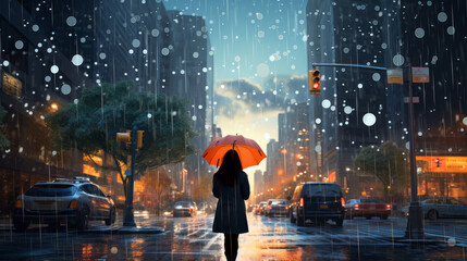 Woman with umbrella walking on rainy street - obrazy, fototapety, plakaty