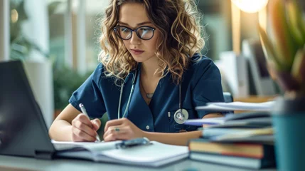 Fotobehang female medical professional wearing scrubs and glasses, focused on writing notes in a book © MP Studio