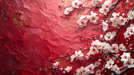 Flower Power: Cherry Blossoms in Full Bloom on a Red Wall Generative AI