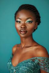 fashion portrait of a beautiful black young woman with makeup in an evening dress on a blue-green background