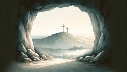 View on the three Crosses on Golgotha from the Holy Sepulchre at sunrise. Digital watercolor...