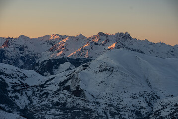 Snowy alps mountains in Europe.. French alps in winter, Les deux alpes Rhone Alpes in France Europe