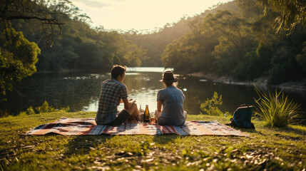 A scene of a couple enjoying a picnic in a serene natural setting. Highlight the details of their interaction – sharing food, laughter, and tender moments. - obrazy, fototapety, plakaty