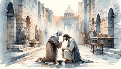 Fotobehang Veronica wipes the face of Jesus. Digital watercolor painting. © Faith Stock