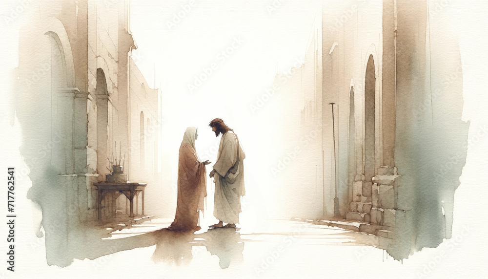 Wall mural jesus meets his mother on the way to calvary. dgital watercolor painting.