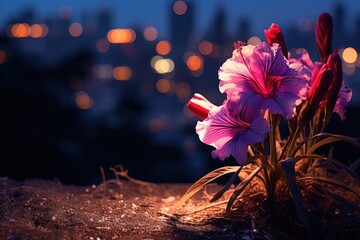 City Lights and Petals: Contrast nature with urban elements by capturing flowers. - obrazy, fototapety, plakaty