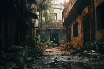 Fototapeta na wymiar a small alleyway inside an abandoned building