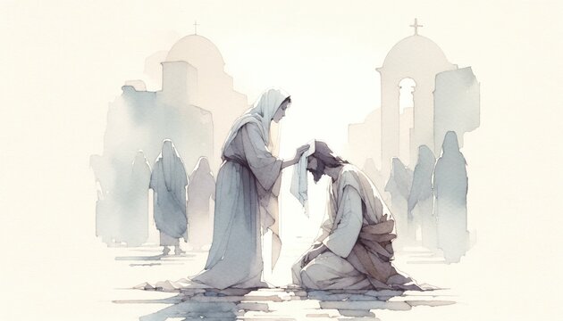 Veronica wipes the face of Jesus. Digital watercolor painting.