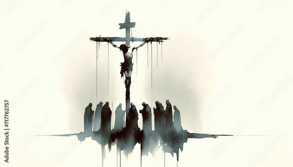 Sticker Jesus dies on the Cross. The Crucifixion and Death of Jesus. Digital watercolor painting.