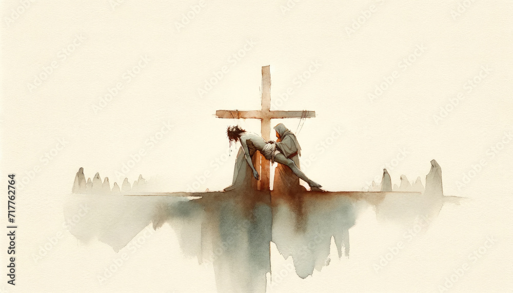 Poster jesus is taken down from the cross and given to his mother, digital watercolor painting.