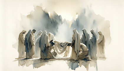 Jesus is taken down from the Cross and given to his Mother, Digital watercolor painting. - obrazy, fototapety, plakaty