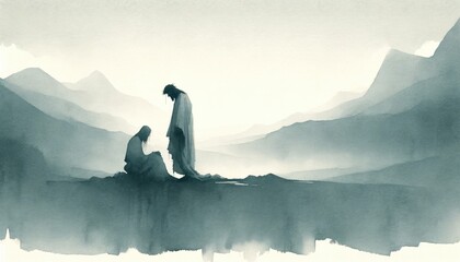 Jesus meets his Mother on the way to Calvary. Dgital watercolor painting.