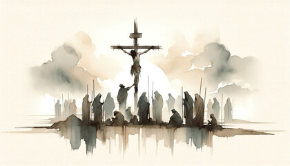 Jesus dies on the Cross. The Crucifixion and Death of Jesus. Digital watercolor painting. - obrazy, fototapety, plakaty