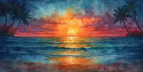 Sunset Serenade: A Painterly Portrayal of the Sun's Last Hurrah Generative AI - obrazy, fototapety, plakaty