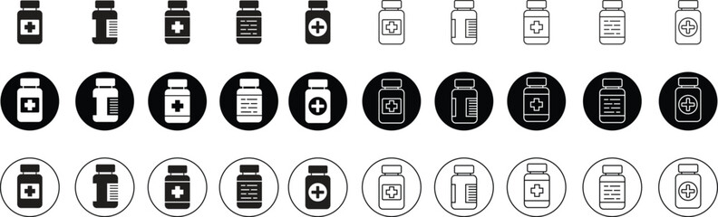 Set of Medicine bottles icons. Pharmacy signs vectors on transparent background. Flat styles editable stock for mobile concept and web design. Drugstore logo illustration. Medication. Contour symbols.