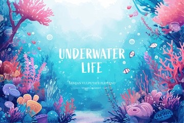 Fototapeta na wymiar Underwater scene with coral reef, fish and seaweed. Vector illustration.