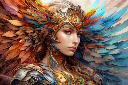 Valkyrie, a warrior maiden in armor and a helmet with wings. Norse mythology. Fantasy portrait. A colorful illustration.