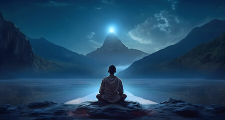 I feel so small sat here looking up at that magnificent range of mountains - lone male in lotus position beside a lake at night marvelling at a magical light atop the mountain opposite him  - obrazy, fototapety, plakaty