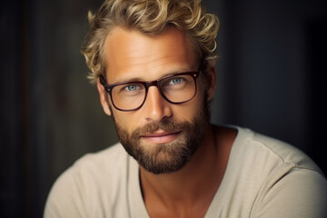 portrait of an adult charismatic man with glasses in a beautiful frame. optics, vision correction and eye imperfections. modern eyeglasses for vision.